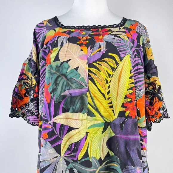 $398 NWOT Johnny Was Embroidery Lace Silk Floral Tie Mini Dress Oversize XS